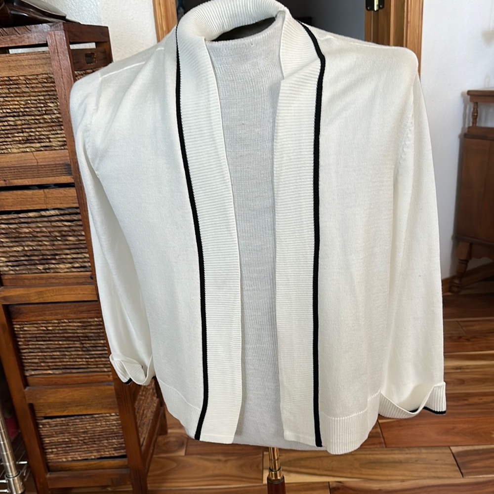 Madison White and Black Cardigan Sweater with Classic Trim